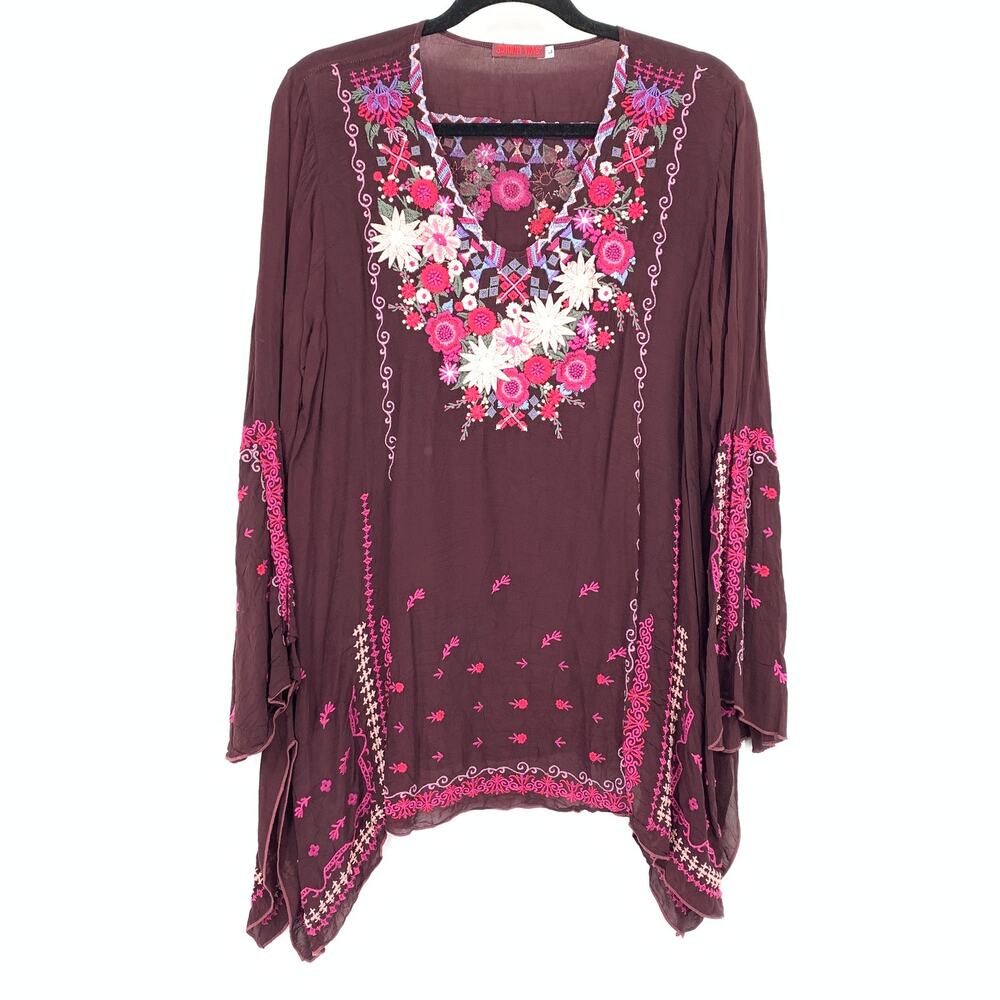 Johnny Was V-Neck Bell Sleeve Blouse Womens Size Large Maroon Floral Embroidered